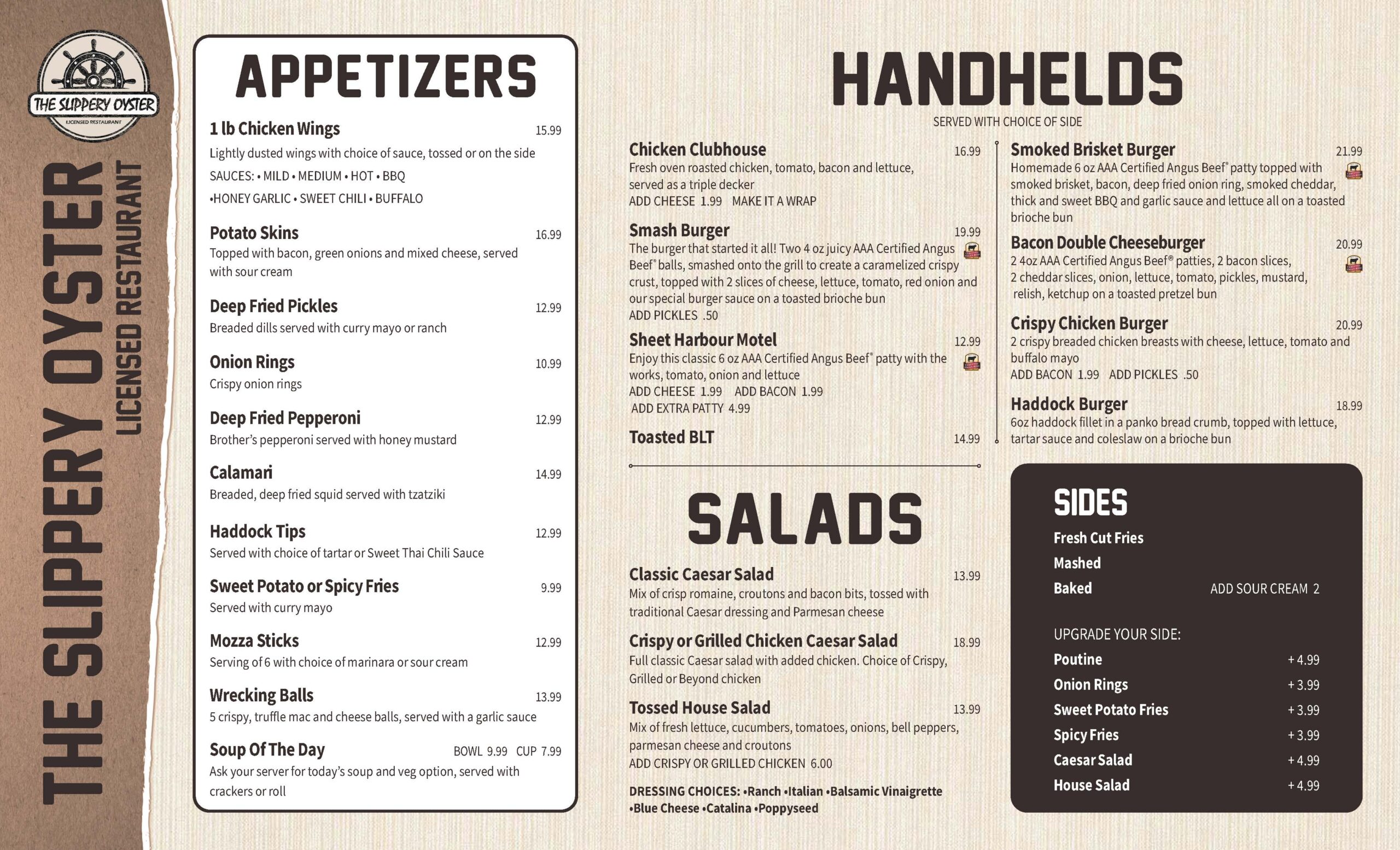 The Slippery Oyster menu page 1