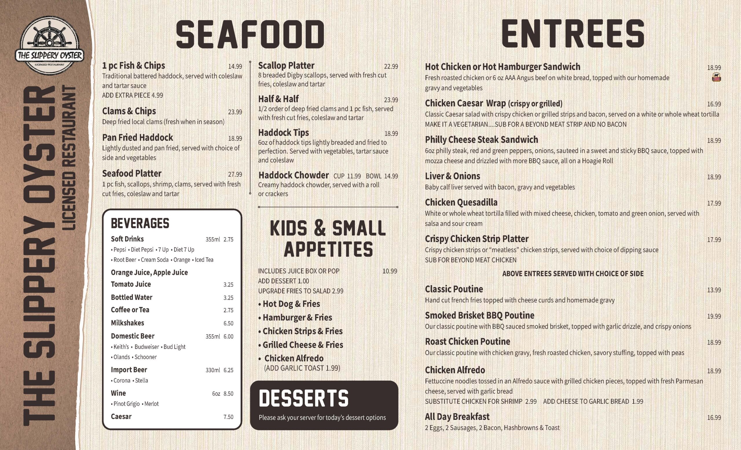 The Slippery Oyster menu page 2